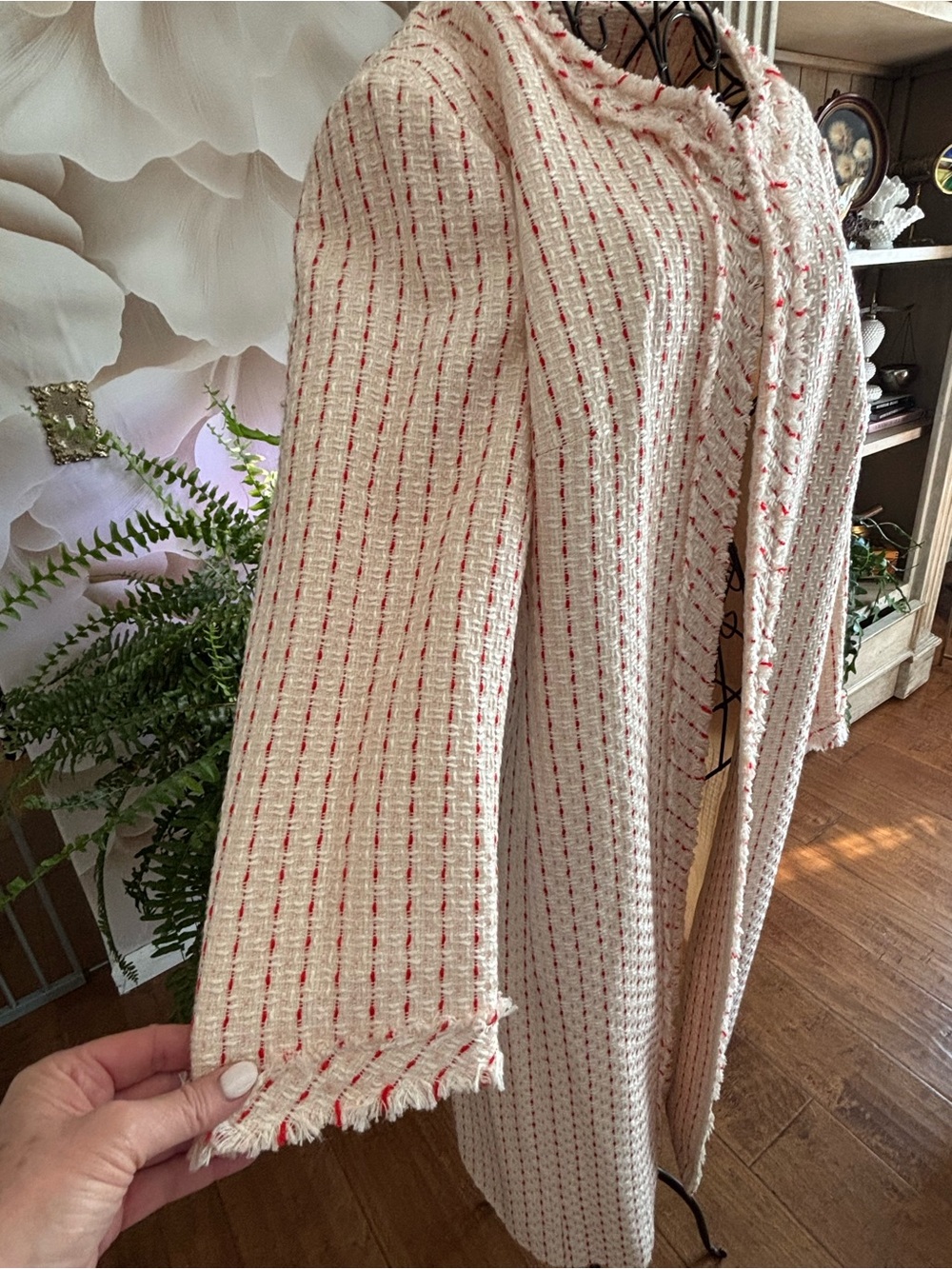 Anne Klein Soft Pink Textured Long Coat with Subtle Red Accents - Picture 3 of 16